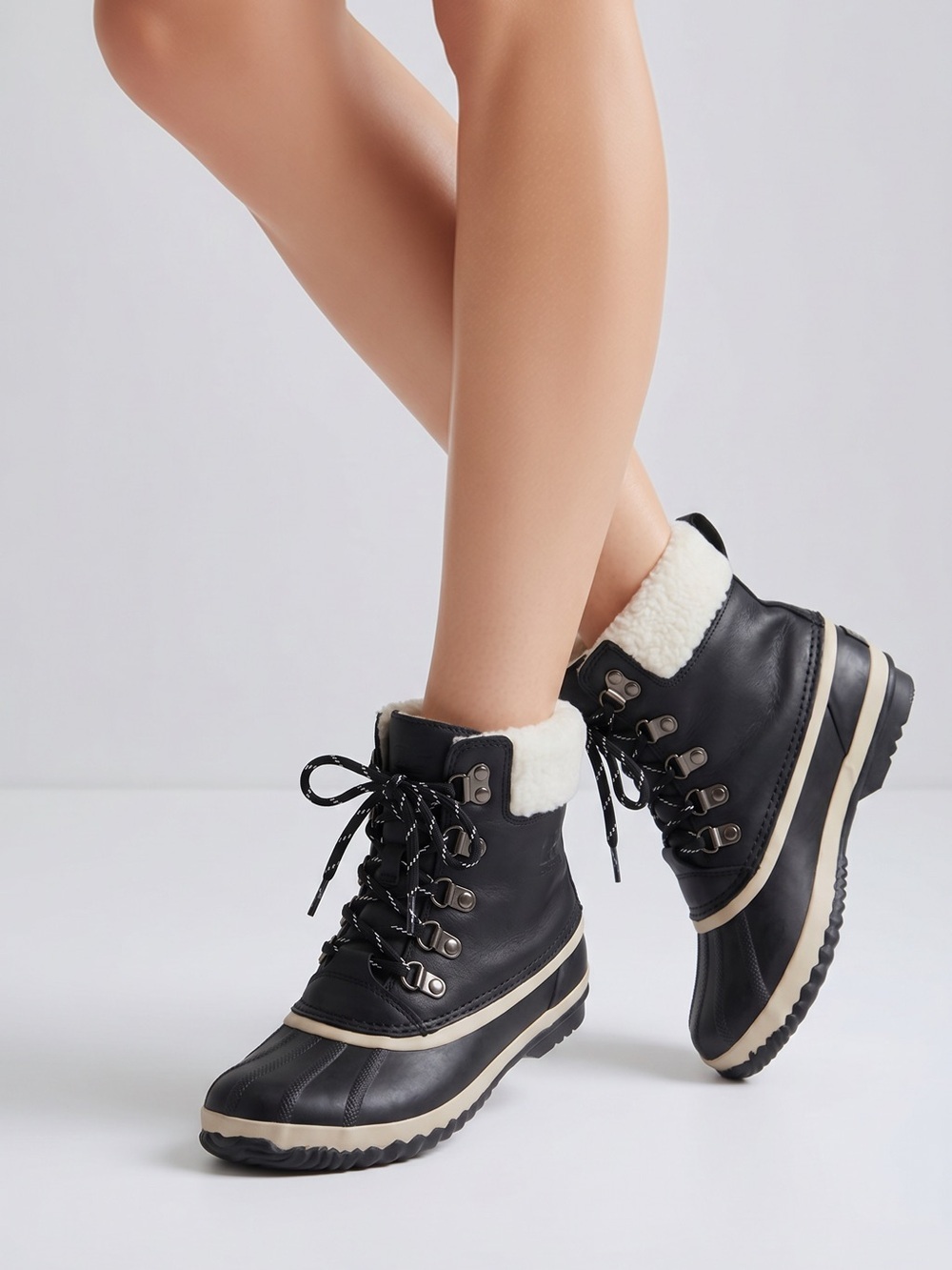 JBU Black Winter Lace-Up Boots with Faux-Shearling Collar Allison waterproof